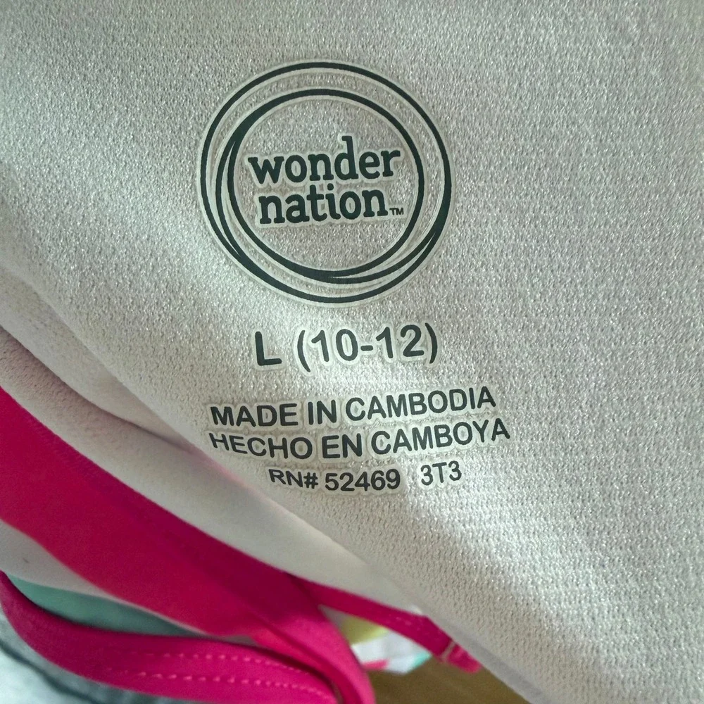 Wonder Nation Girls Rainbow Stripe One Piece Swimsuit Pink Trim L 10-12 3T3